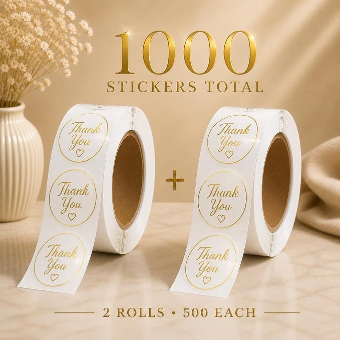 1000 Clear Thank You Stickers Roll, 1 Inch Round Gold Thank You Labels, Bulk Thank You Stickers for Small Business Packaging, Boxes, Bags, Envelopes, Baked Goods & Party Favors, 2 Rolls of 500