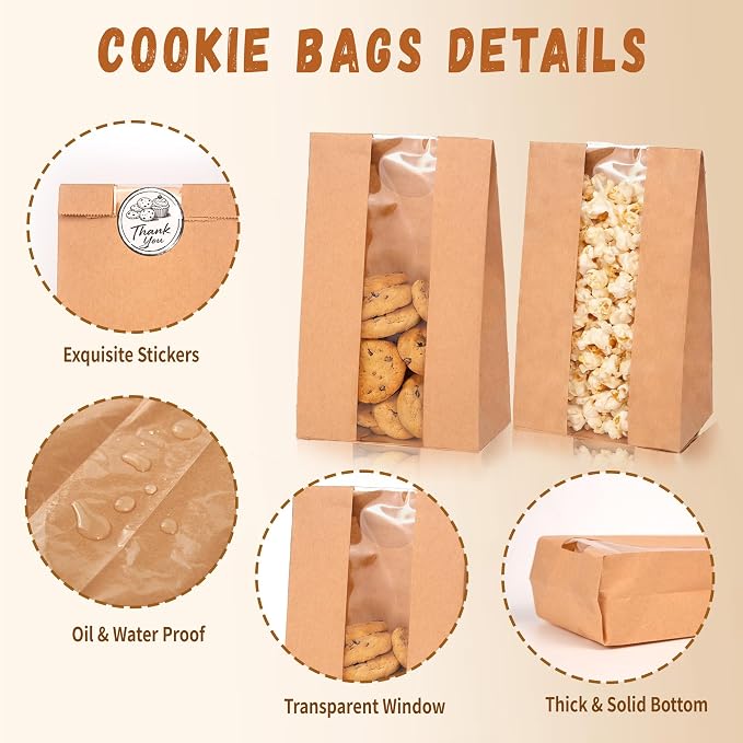 50 Pack Cookie Bags with Window, 3.5"x 2.3"x7.5" Kraft Paper Bakery Bags with Stickers for Snack, Cupcake, Popcorn, Coffee Bean, Party Favor, Cookie Packaging