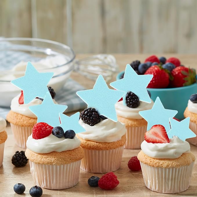 60 PCS Edible Star Cupcake Toppers Edible Stars Cake Decorations Wafer Paper Twinkle Star Cake Toppers Baby Shower Cupcake Picks for Wedding Engagement Bridal Shower Birthday Party Supplies Blue