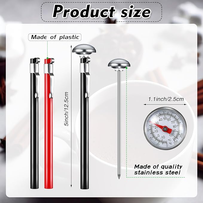 Xuhal 6 Pcs Stainless Steel Kitchen Thermometer with 5 Inch Long Stem 1 Inch Dial Thermometer Milk Frothing Food for Oven Probe Meat Grill BBQ Cooking Chocolate Water(Black, Red)