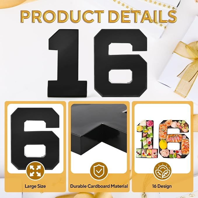 Cardboard Number for Charcuterie 16 Set Fillable Tray 10.2'' Black Charcuterie Paper Box for 16th Birthday Anniversary Party Decorations Chocolate Candy Cupcake Container