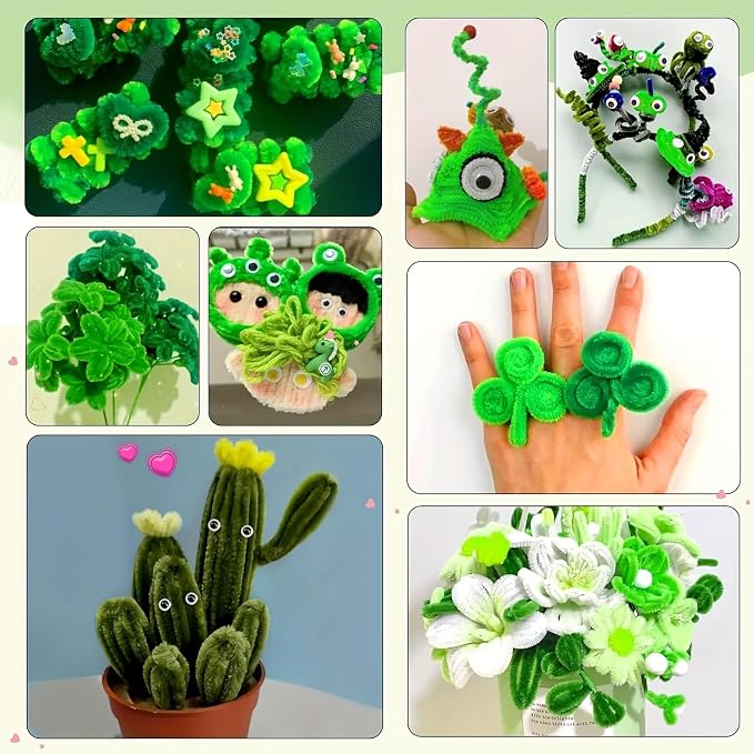 620Pcs Green Pipe Cleaner Flower Kit, 6 Colors Bulk Chenille Stems with Wires, Ribbon, Stamens and Card, All-in-One DIY Flower Craft Supplies for Creative Gifts Home Decoration, Party & School Crafts