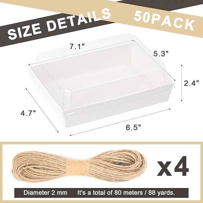 7x5 Inches Charcuterie Boxes with Clear Lids, 50 Pack Disposable Take Out Food Containers, Large Paper Bakery Cake Boxes for Strawberries, Cookies Cupcakes (White)