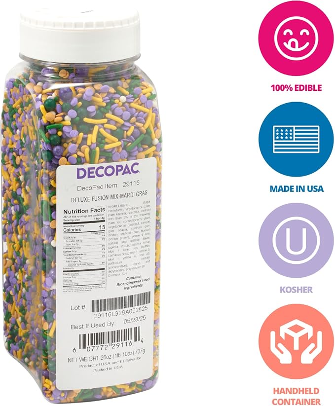 DECOPAC Mardi Gras Deluxe Fusion Mix Candy Sprinkles, 26oz, Edible Sprinkles in Handheld Container, Sugar Cake Decorations For Celebration Cakes, Cupcakes, Cookies, Ice-cream, and Donuts