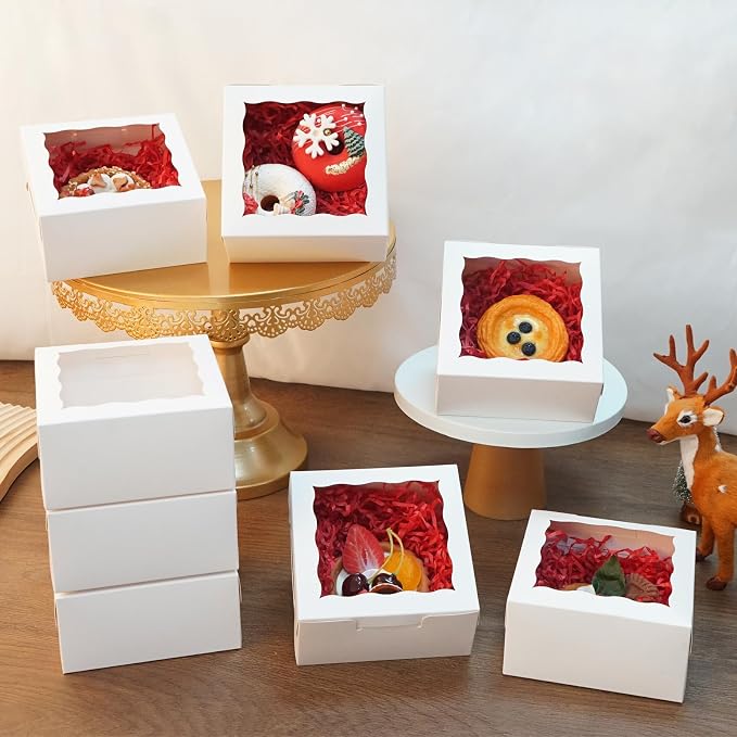 XINHPKGG 100pcs 5x5x2.5 Inch Cookie Boxes with window Bakery Boxes Dessert Treat Box Chocolate Covered Strawberries Box for Wedding Party Birthday
