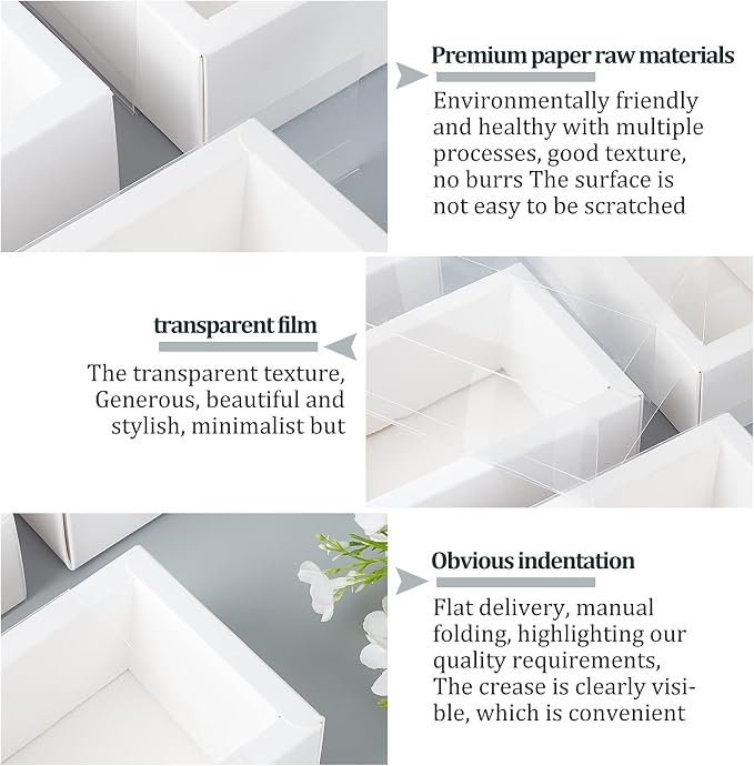 BENECREAT 12 Pack 7x5x1.5 Inch White Rectangle Drawer Kraft Boxes with PVC Plastic Window for Party Favor Treats, Candy and Jewelry Crafts