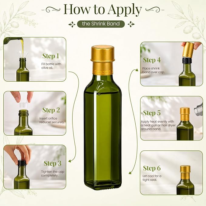 TBWIND 15 Pack 8.5oz (250ml) Glass Olive Oil Bottles with Airtight Caps | Includes Shrink Bands, Labels & Funnels; Ideal for Vanilla Extract, Infused Oils, Tinctures, Kombucha & Gift Giving