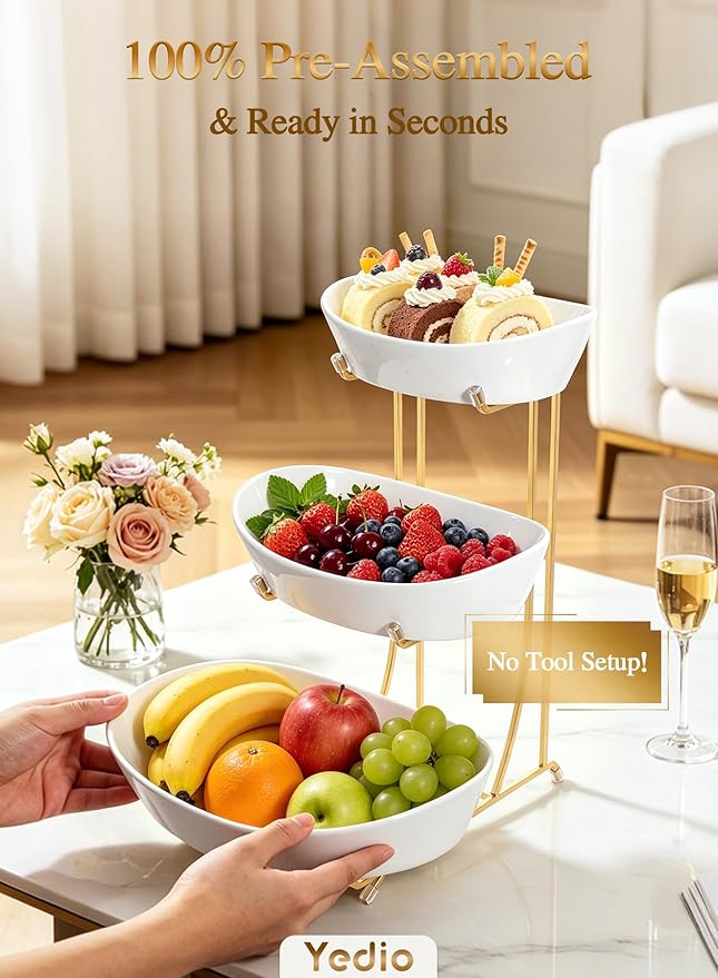 3 Tier Fruit Bowl for Kitchen Counter, No Assembly Required Ceramic Fruit Basket with Metal Stand, Tiered Fruit Stand for Countertop for Fruit, Veggies, Snacks, Cake & Desserts