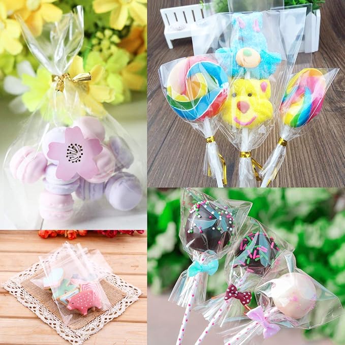 Augshy Cake Pop Bags,300Pcs Cellophane Treat Bag 3x5 Inches with Twist Ties | Clear 1.4mils Thickness,Resealable Packaging Individual OPP Plastic Bags for Lollipop Cake Candy Chocolate Cookie Wrapping B