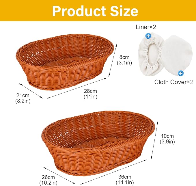 14" Bread Proofing Basket with Non-Stick Linen Liners,Wicker Sourdough Proofing Bread Baking Supplies,Oval Banneton Bread Baskets for Home Bakers Homemade Bread Baking（Wicke Set of 2）