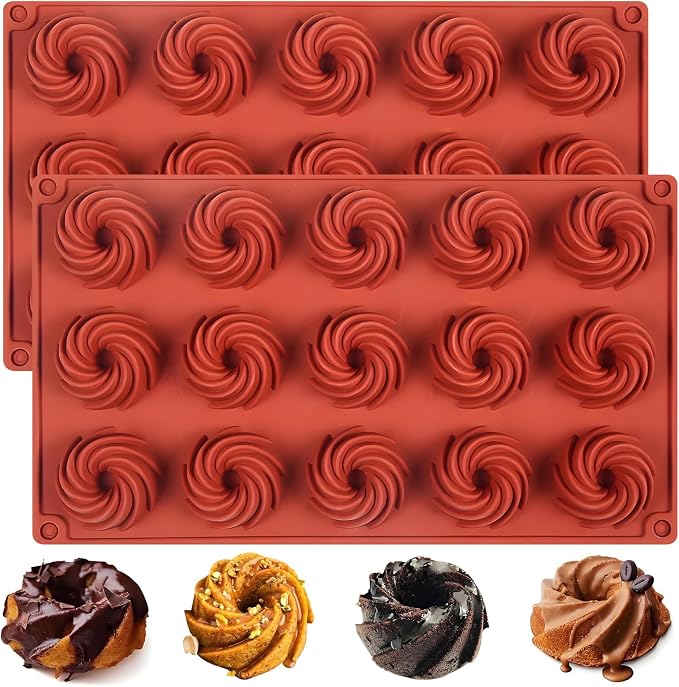 Silicone Swirl Donut Mold, 15-Cavity Mini Spiral Cake Pan, 11.5 x 6.6 inches, 2-Pack, Terra Cotta