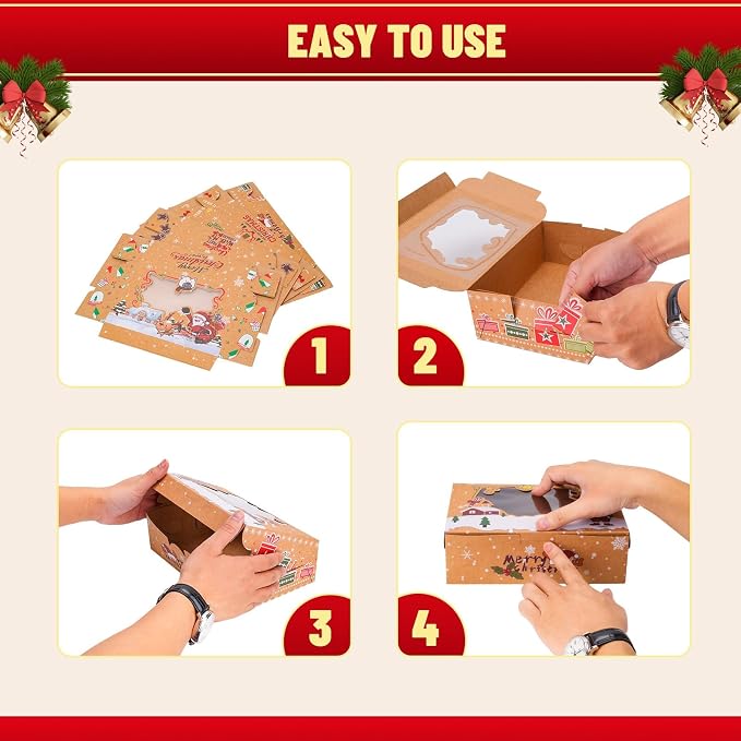 24 Pack Christmas Cookie Boxes with Window, 8.7" x 5.9" x 2.7" Large Holiday Bakery Treat Boxes for Gift Giving, Pastry, Candy, Party Favors, Christmas Kraft Gift Boxes with Ribbons and DIY Gift Tags
