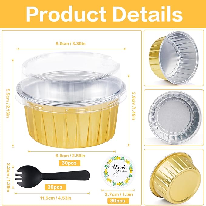 30Pcs Mini Cake Pans with Lids Aluminum Foil, ZOXILEN 5oz Disposable Mini Loaf pans with Lids Spoons, Round Small Baking Cups Pie Tins Cheesecake Containers for Party Gold