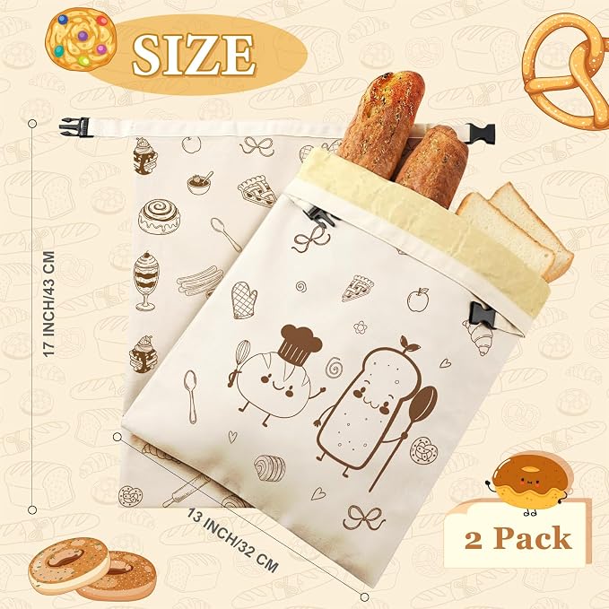 2 Pack Beeswax Bread Bags for Homemade Bread Sourdough, 17x13 Inch Reusable Linen Beeswax Bread Bag with Buckle to Keeps Bread Freshness for Food Storage(Cartoon Bread)