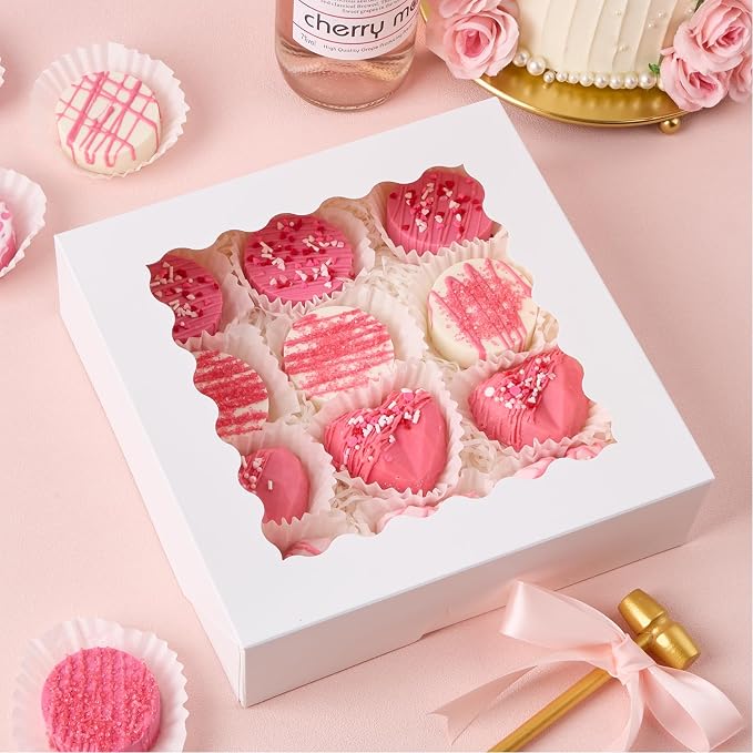 ZORRITA Pie Boxes with Window, 9" x 9" x 2.5", 20 Pack, White | Auto Pop-up, Bakery Boxes, For Chocolate Covered Strawberry, Cookies, Treats, Pastry, Donuts, Muffins