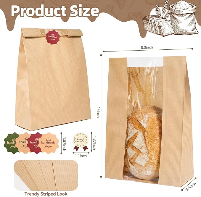 Funcoo 100 Pcs Paper Bread Bags for Homemade Sourdough Bread Bakery Storage Bags with Window, Large Thicker Bakery Loaf Bags for Baked Goods Packaging, Label Seal Sticker Included