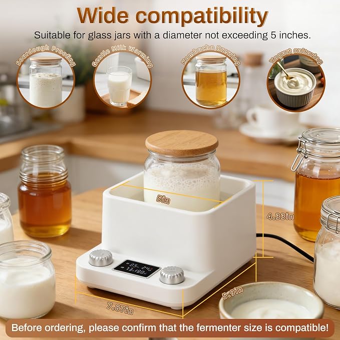 Sourdough Starter Warmer-Constant Temperature Water Bath Sourdough Warmer-1°F Precise Thermostat (70-104°F)-198H Memory Timer Smart Yeast Feeding Heater-Fits Jars Up to 40oz