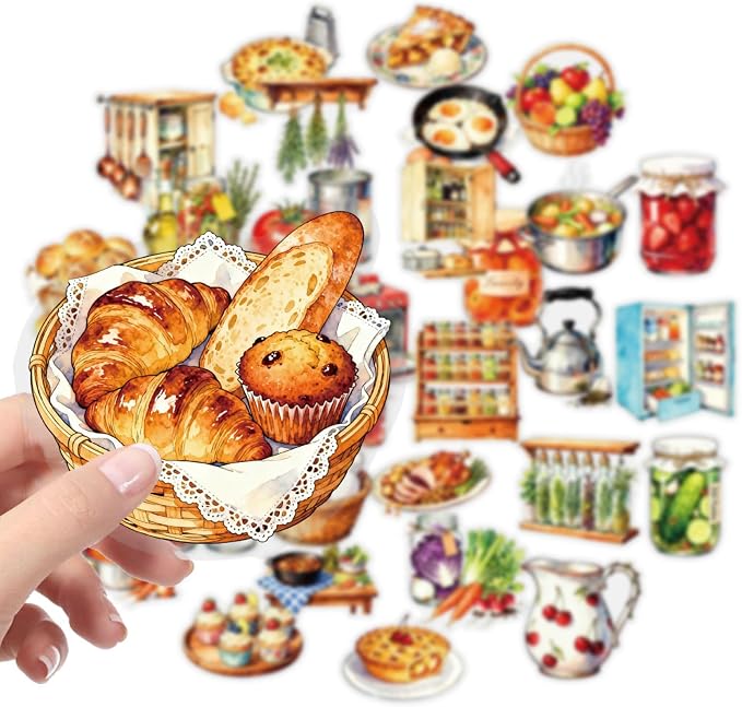 56 pcs Kitchen Food Cooking Clear PET Stickers, Vintage Bakery Bread Fruit Vegetable Transparent Die-Cut Decals, Waterproof Aesthetic Stickers for Journal Planner Scrapbook Recipe Book DIY Decor