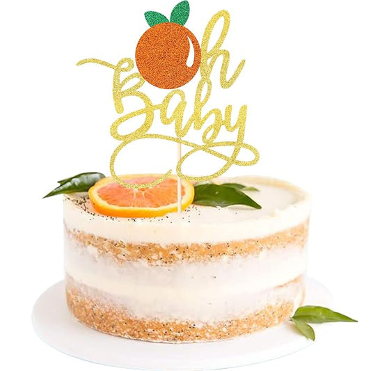 1 PCS Gold Oh Baby Cake Topper with Glitte Orange Little Cutie Cake Pick for Fruit Citrus Theme Gender Reveal Baby Shower Kids Birthday Party Decorations Supplies