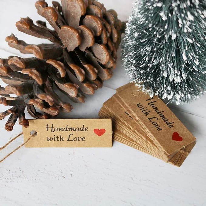 200 Pieces Handmade with Love Tags Handmade Tags Kraft Paper Handmade with Love Tags with 65.6 Feet Natural Jute Strings Brown