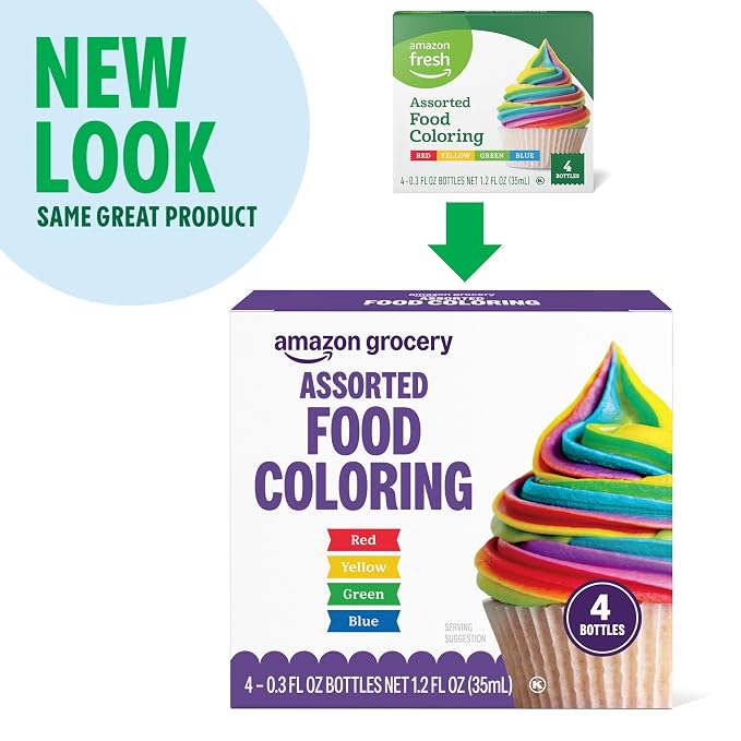 Amazon Grocery, Assorted Food Coloring, Contains Red, Blue, Green, Yellow Bottles, 1.2 Fl Oz