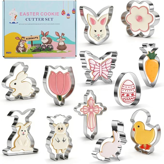 Easter Cookie Cutter Set, 12 Pieces Easter Bunny, Egg, Bunny Face, Lamb, Butterfly, Carrot, Chicken etc. Shapes, Metal Biscuit Molds for Spring/Holiday Baking