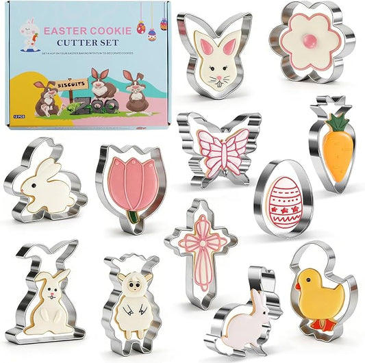 Easter Cookie Cutter Set, 12 Pieces Easter Bunny, Egg, Bunny Face, Lamb, Butterfly, Carrot, Chicken etc. Shapes, Metal Biscuit Molds for Spring/Holiday Baking