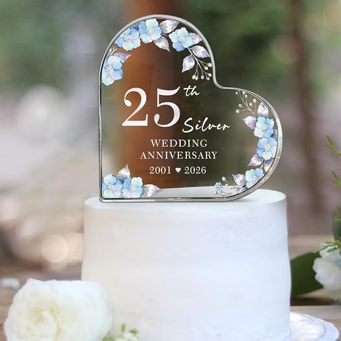 25th Anniversary Cake Topper Acrylic,25 th Anniversary Decorations & Keepsake Gift for Couples（25th Anniversary-Floral Wreath）