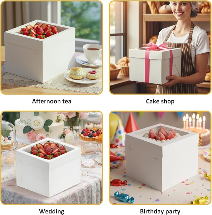 Moretoes 3 Pack Cake Boxes 12x12x8 Inch, Bakery Containers with Large Window, 12 Inch White Cake Carrier, Disposable Boxes for Birthday, Party, Cupcake Cookie Pie Pastry.