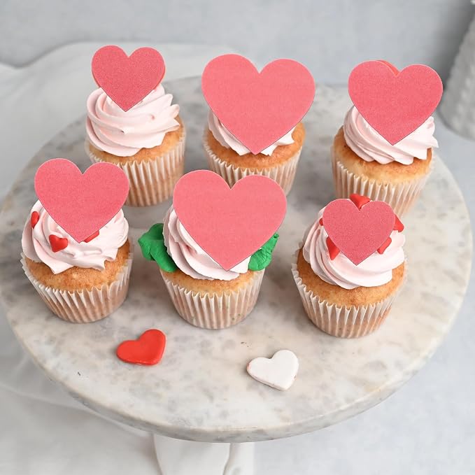 60 PCS Edible Heart Cupcake Toppers Wafer Paper Sweet Love Heart Cake Decorations Edible Valentine's Day Cupcake Picks for Wedding Engagement Bridal Shower Birthday Valentine's Day Party Supplies Pink