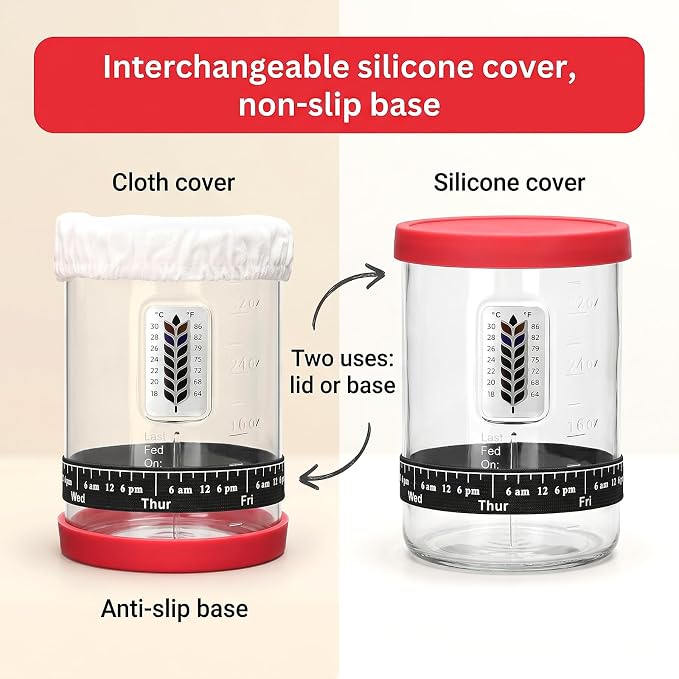 2Pack Sourdough Starter Jar - 40oz Large Sourdough Jar with Marked Feeding Band,Temperature Patch,Scraper, Cloth Cover and Silicone Lid&Base,Measuring Spoon Set,Cleaning brush-RED&BLUE