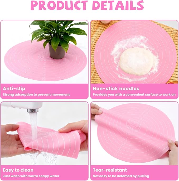 4 Pcs Silicone Baking Mat, 12 Inch Round Silicone Cake Mat, Non-Stick Heat Resistant Reusable Cookie Mat with Measurements for Baking Pizza Pan Rolling Dough Pastry