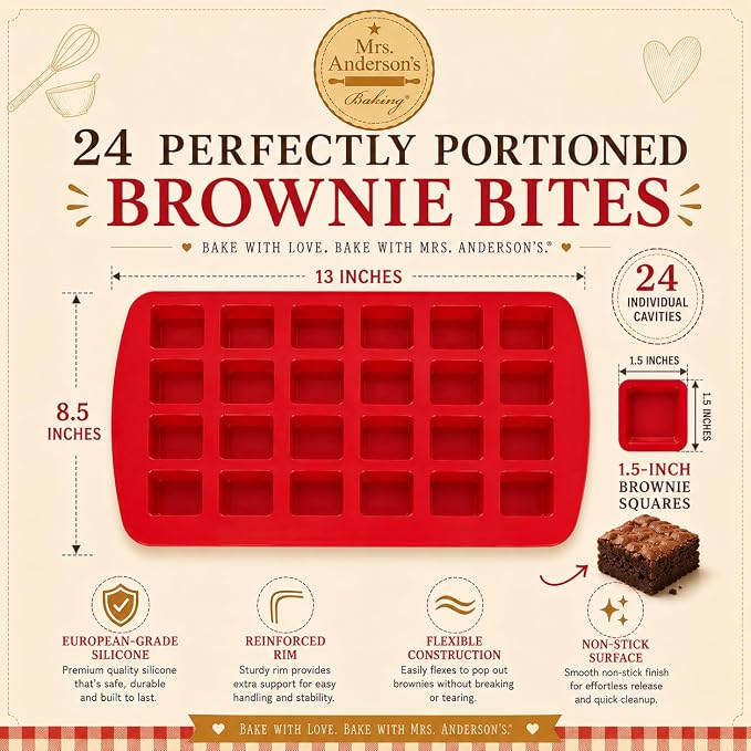 Mrs. Anderson's Baking Silicone Mini Brownie Pan, 24 Cup, European-Grade Silicone Bakeware, For Bite-Sized Brownies And Desserts