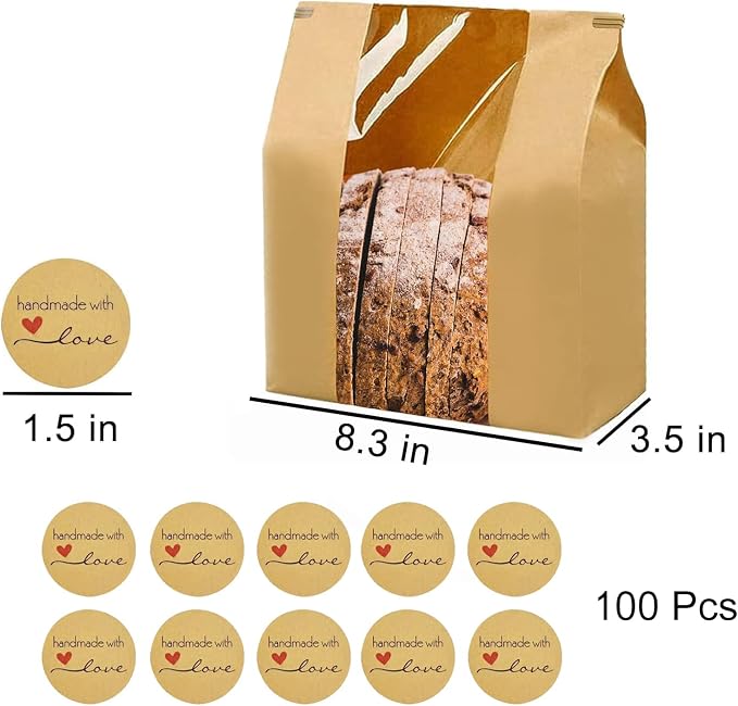 50 Pack Large Paper Bread Bags for Homemade Bread Sourdough Bags 14" x 8.3" x 3.5" with Tin Tie Tab Lock Clear Front Window Bakery Bag Packaging Cookie Bag with Label Seal Stickers