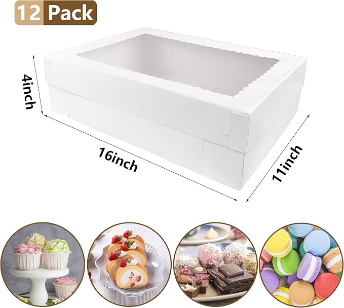 MUMULULU 12 PCS 16x11x4 Inch Cake Boxes with Window White Bakery Boxes Large Treat Box for Donuts Cookies Dessert Cupcakes Pastry Baking Pie Packaging