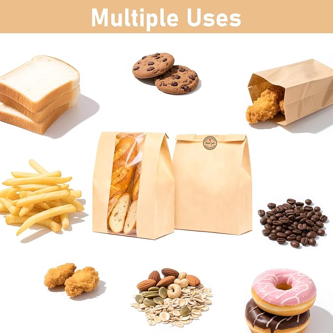 65 Pcs Paper Bread Bags for Homemade Bread with Window, 13.8 x 8.3 x 3.5 in Sourdough Bread Bags with 75 Sealing Stickers, Packaging and Storage of Baked Goods Suitable for Bakers