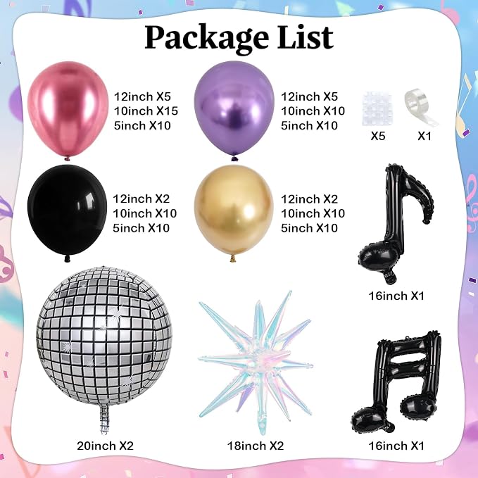 Disco Balloon Arch Kit, Metallic Chrome Red Purple Gold Black Kpop Balloon Garland with Foil Star Music Note Balloons for Kpop Music Decoration 80s 90s Disco Birthday Galaxy Theme Grad Prom Graduation