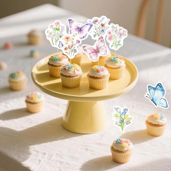 40 Pcs Wildflower & Butterflies Cupcake Toppers - 8 Styles, 5 Pcs Each - Non-Edible Cake Toppers for Wedding, Birthday, Party Decorations