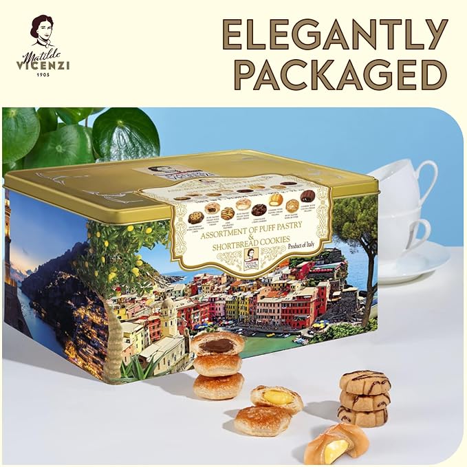 Matilde Vicenzi Mediterraneo Cookie Gift Tin - Pastries & Cookies in Individually Wrapped Trays - Gourmet Gifts for Hosts, Birthdays - Assorted Cookies in Italian Design Tin 32.5oz (920g)