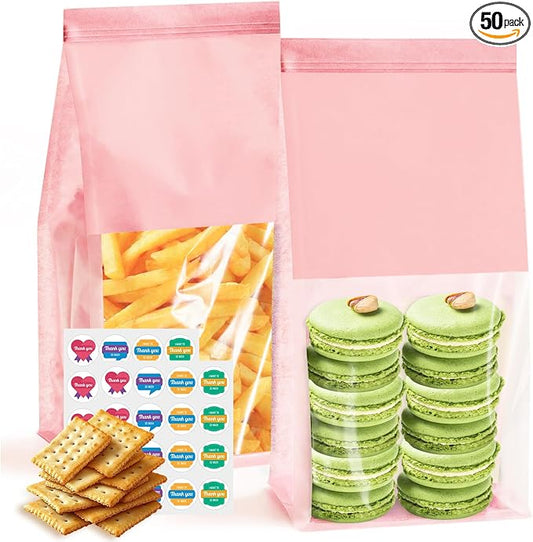 50 Pack Bakery Bags with Window - Reusable Cookie Bags With Seal Can Stand Upright Cookie Packaging Bag With Tin Tie Tab Lock Kraft Paper Bread Bags For Pastry,Donuts,Popcorns,Snacks