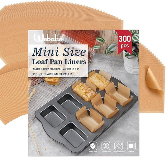 Webake 300pcs Unbleached Parchment Paper Mini Loaf Pan Liners Compatible with Wilton Mini Loaf Pan, Original Precut, Non Toxic Baking Paper for Banana Bread