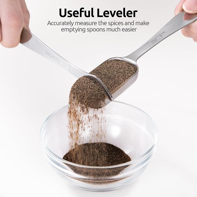 U-Taste Narrow Square Measuring Spoons: 18/8 Stainless Steel Kitchen Measure Teaspoon Tablespoon with Leveler, Polygon Rectangular Metal Jar Scoop for Baking Cooking, Coffee, Spice, Powder (Set of 8)
