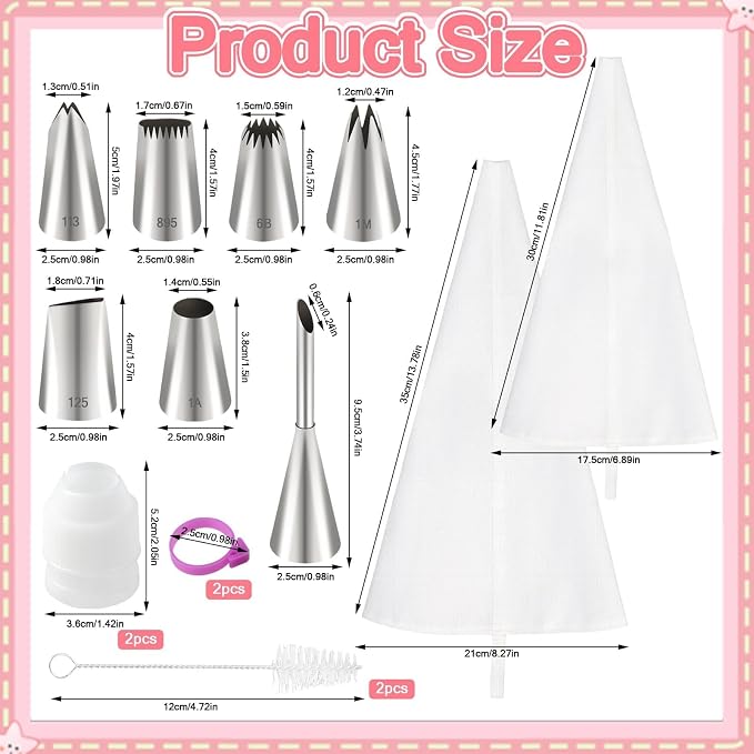 15pcs Reusable Cotton Piping Bags and Tips Set with 7 Stainless Steel Piping Tip, Large Piping Tips and Churro Tip for Cake Cupcake Pastry Decoration and Cream Puff Filling