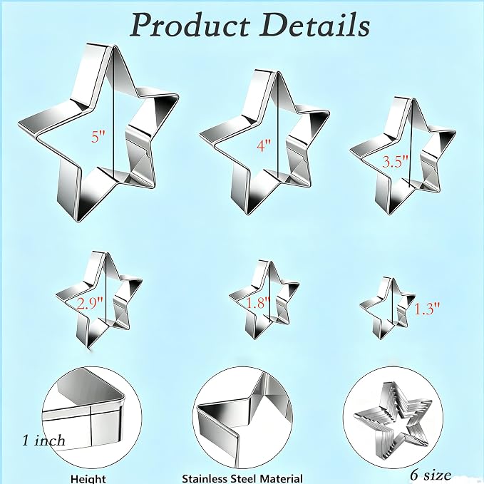 6pcs Star Cookie Cutter Set with 50pcs Piping Bags, Stainless Steel Large Star Cookie Cutter for Baking/Sandwich/Fruit/Biscuit,Perfect Molds for 4th of July, Birthday, Afternoon Tea, Party