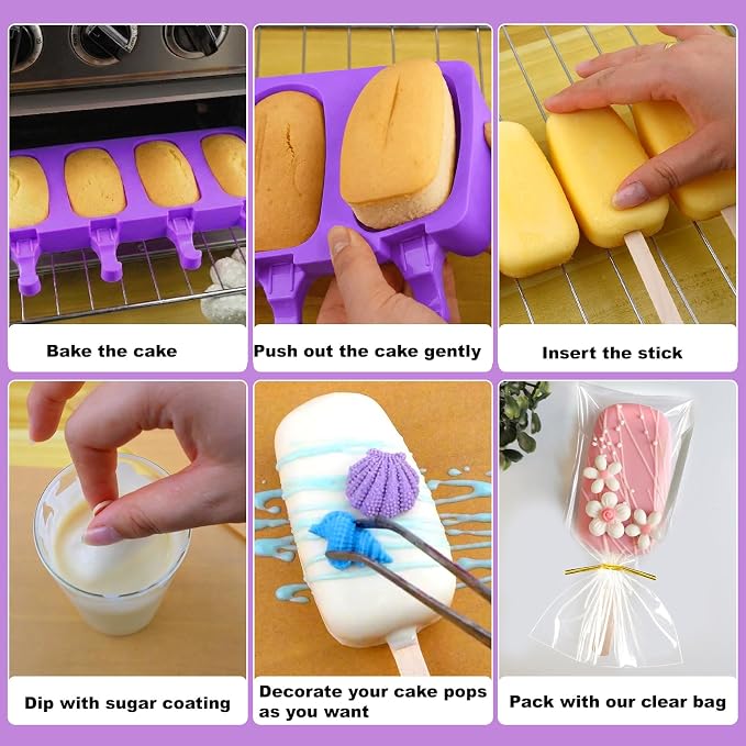 Juome Cake Pop Mold Kit, 2 Pack 8 Cavities Cakesicle Molds Silicone with 100 Wooden Sticks & 100 Packaging Bags with Ties, Cake Pop Maker Supplies Accessories, Baking Tools for Home Desserts (Purple)