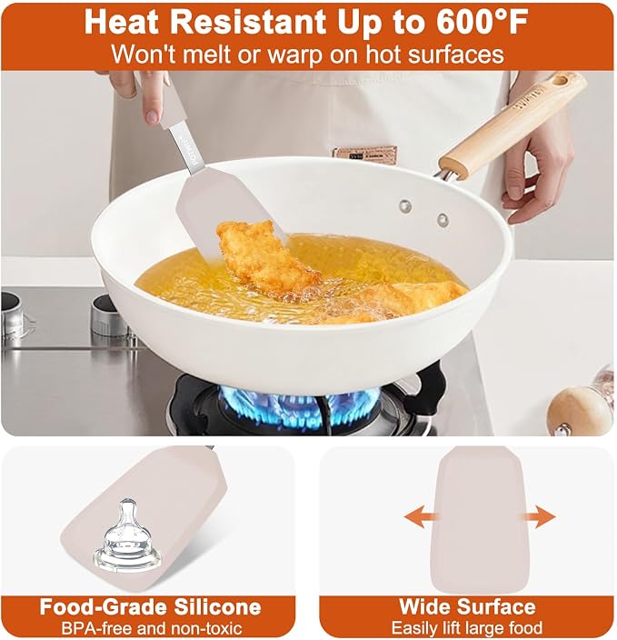 Silicone Spatula, 13 x 3.2 In, 600°F Heat Resistant (Khaki) | Flexible Turner, BPA Free, Non Scratch for Non Stick Frying Pan, Kitchen Cooking, Flipping, Dishwasher Safe