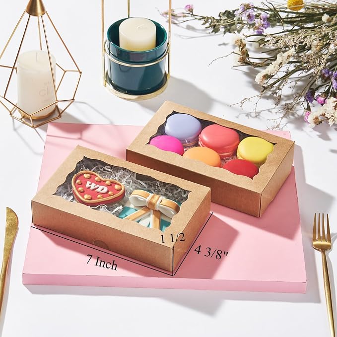 50pcs 7x4.33x1.5 Inch Brown Cookies Boxes with Window Bakery Boxes Cake Pop Boxes Chocolate Macaron Boxes Cakesickle Boxes Treat Boxes for Christmas Valentine's Father's Mother's Day