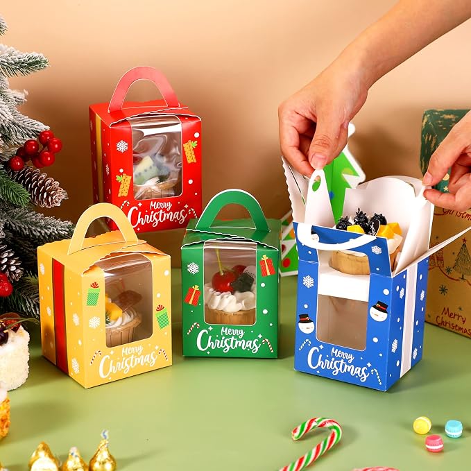 TaoBary 24 Pcs Christmas Cupcake Boxes Xmas Individual Cupcake Box Christmas Cookie Boxes with Window Insert Handle Muffin Pastry Holder Bakery Treat Box for X-mas Party(Snowflake)