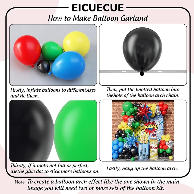 Red Blue Yellow Green Black Balloons Garland Arch Kit - 5 10 12 18 inch Different Size Balloons for Carnival Birthday Anniversary Video Game Super Spider Hero Theme Party Decorations Supplies