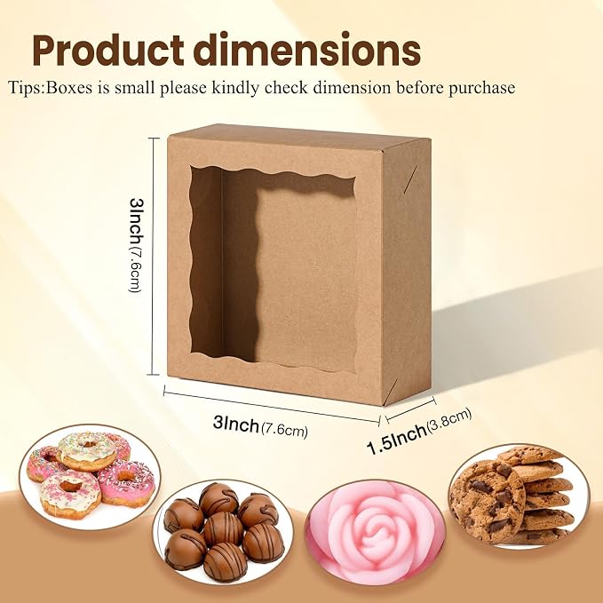 RomanticBaking 3x3x1.5Inches 50 Mini Bakery Boxes with Window for Homemade Soap,Cookies,Chocolate truffle,Chocolate Covered Strawberries